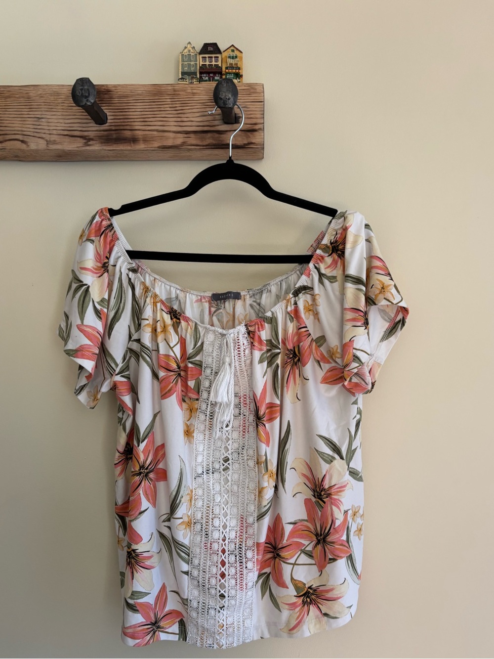 153.) Floral Off-Shoulder Peasant Top in White and Coral - boho